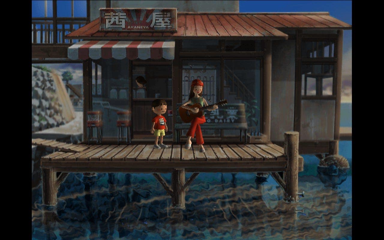 Screenshot of Boku and Yoshika outside of the guest house in the evening. Yoshika is playing guitar.