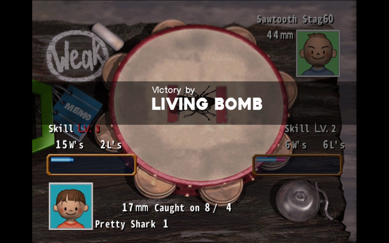 Screenshot of the end of a beetle sumo match, after pulling off a move called LIVING BOMB for the win.