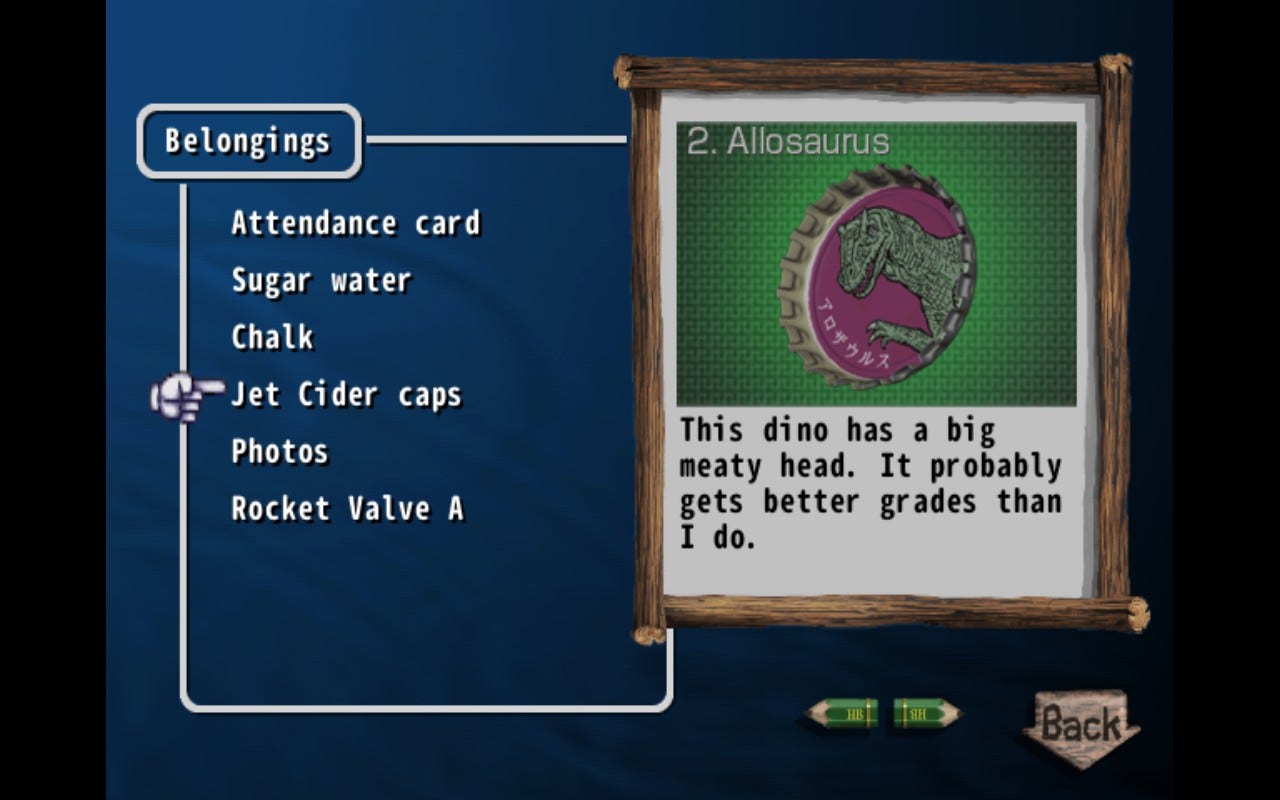 Screenshot of bottle cap item in Boku's inventory, with description: "This dino has a big meaty head. It probably gets better grades than I do."