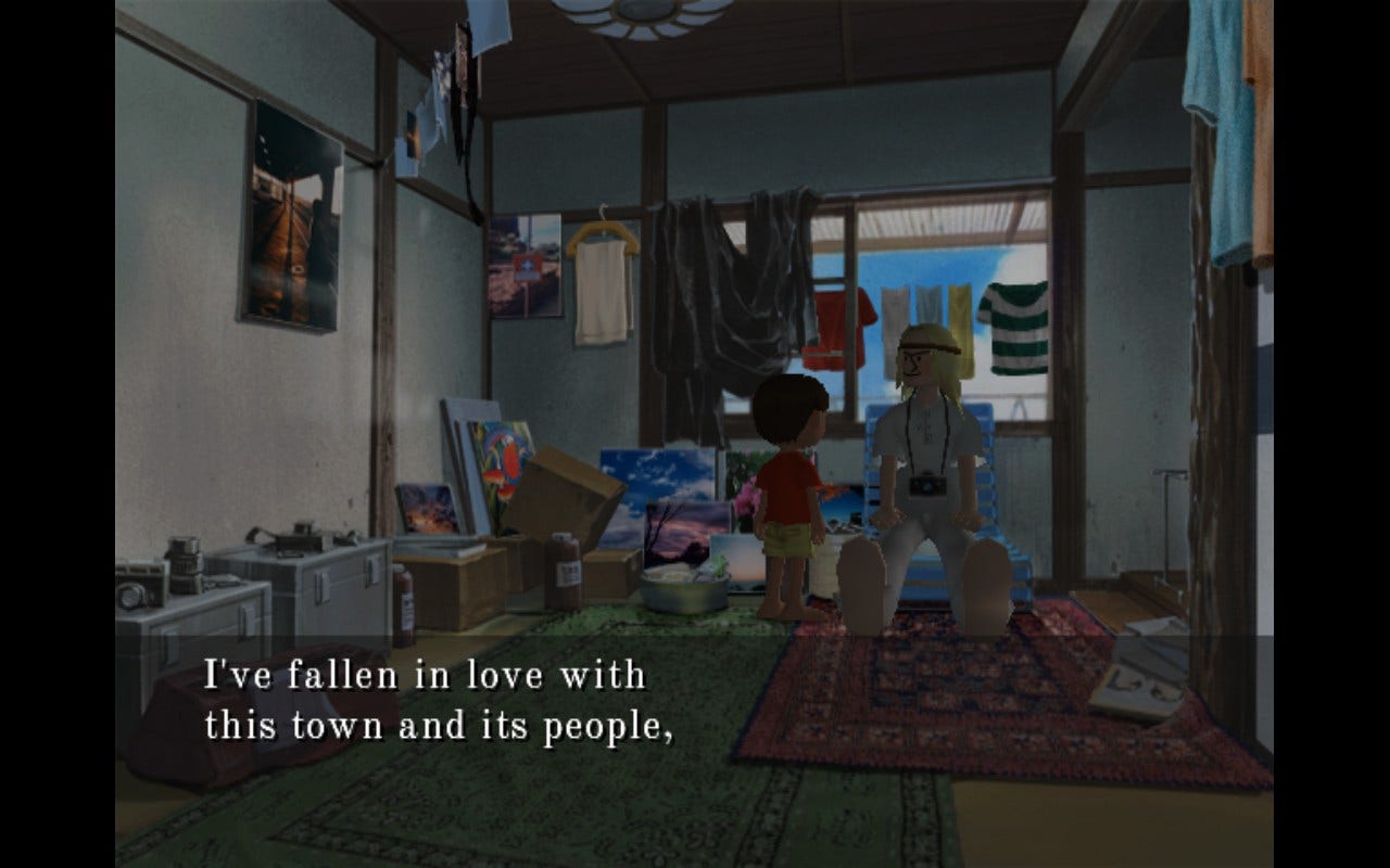 Screenshot of Simon saying to Boku, "I've fallen in love with this town and its people."