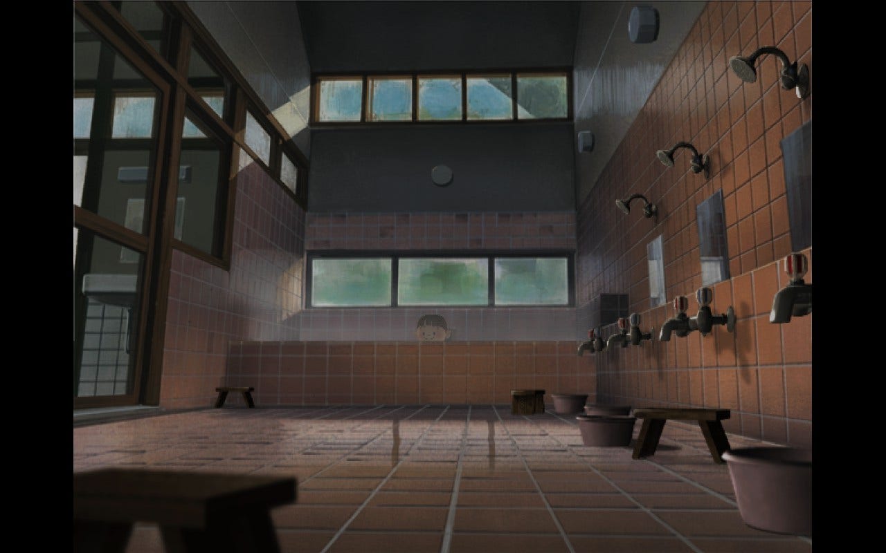 Screenshot of Boku in the bath by himself, from a very wide angle