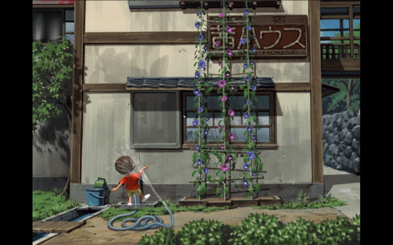 Screenshot of Boku accidentally spraying himself with a garden hose