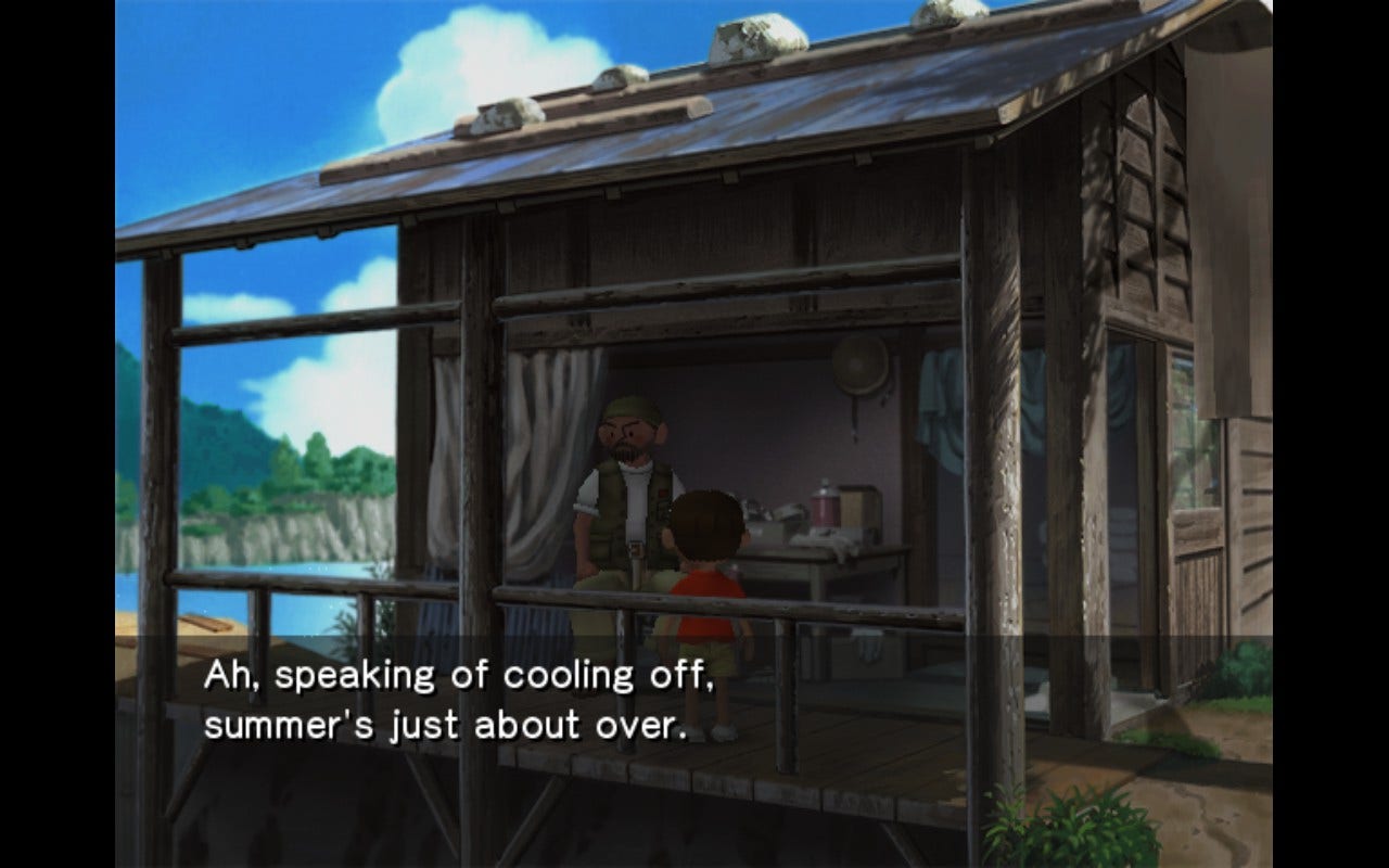 Screenshot of Wolfman telling Boku, "Ah, speaking of cooling off, summer’s just about over."