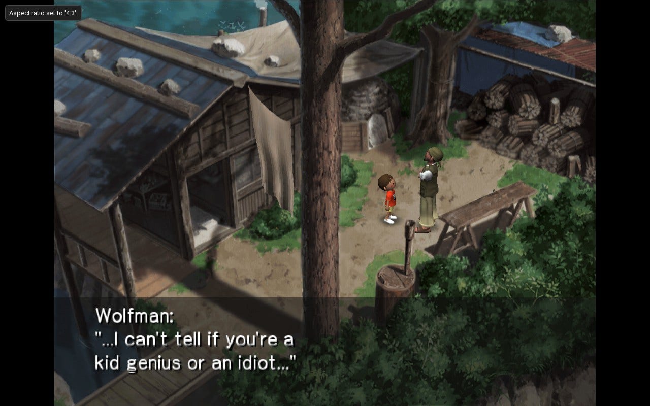 Screenshot of Wolfman telling Boku, "...I can’t tell if you’re a kid genius or an idiot."