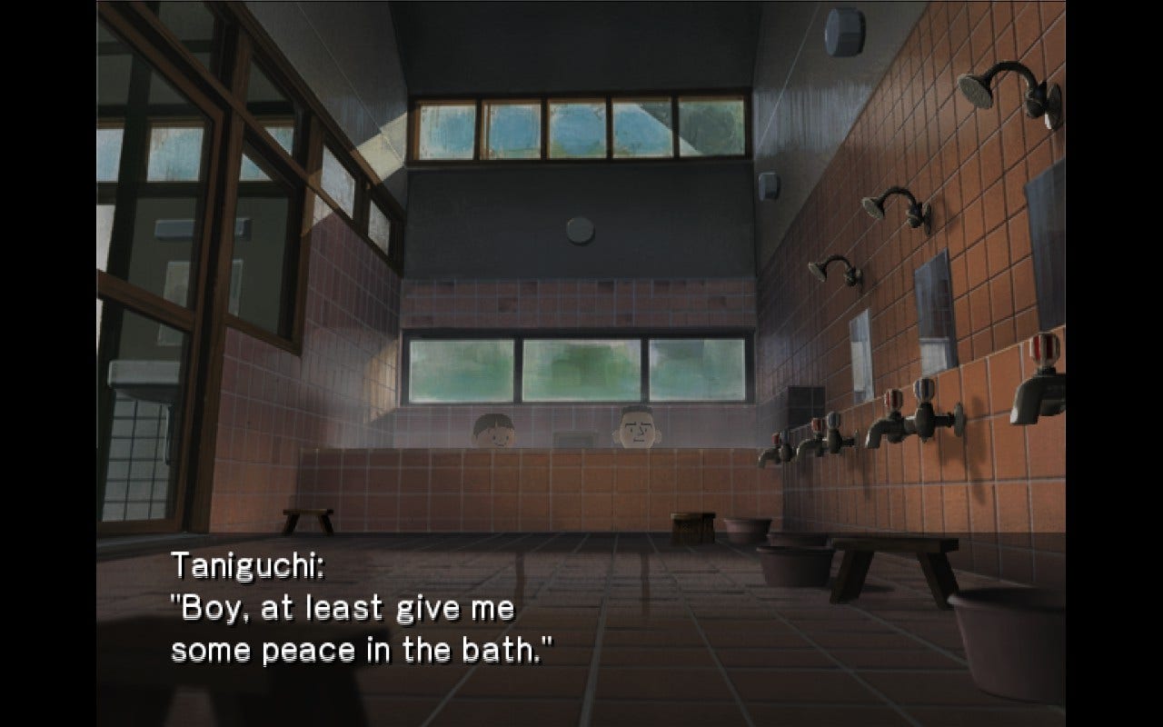 Screenshot of Boku and Taniguchi in the bath. Taniguchi says, "Boy, at least give me some peace in the bath."