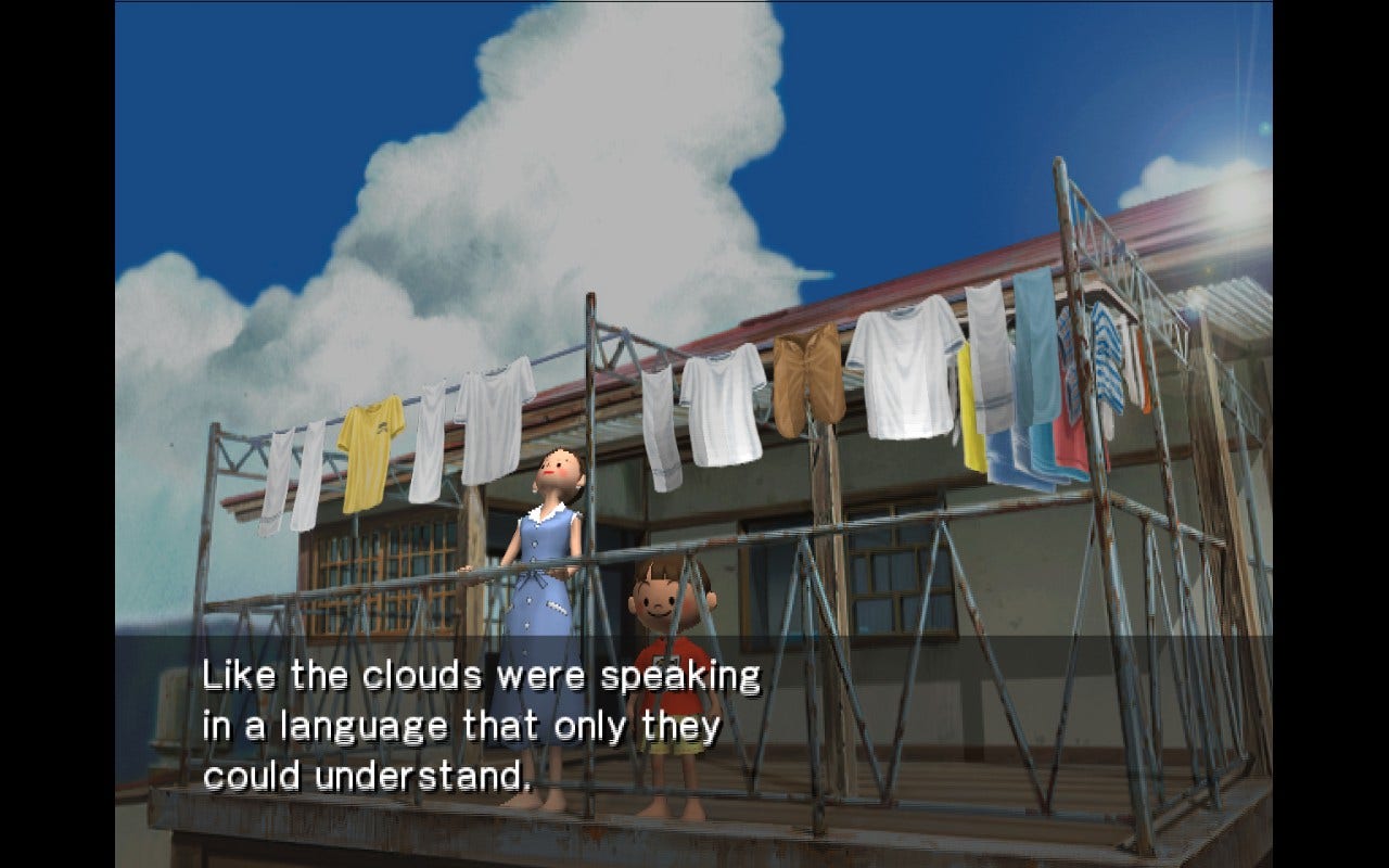 Screenshot of Shizue telling Boku, "Like the clouds were speaking in a language that only they could understand.”"