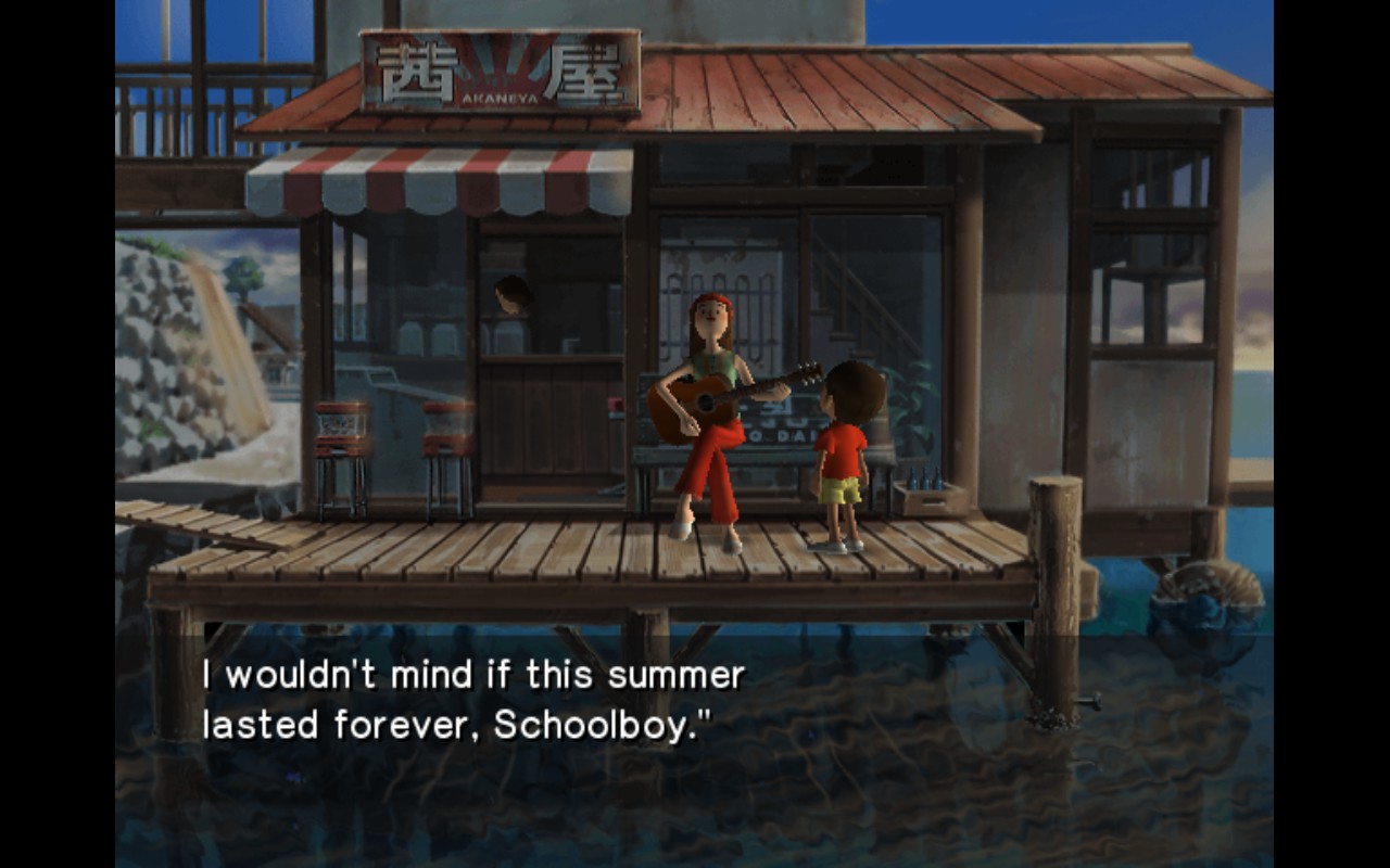 Screenshot of Boku and Yoshika sitting at the dock. Yoshika is holding her guitar and saying, "I wouldn't mind if this summer lasted forever, Schoolboy."