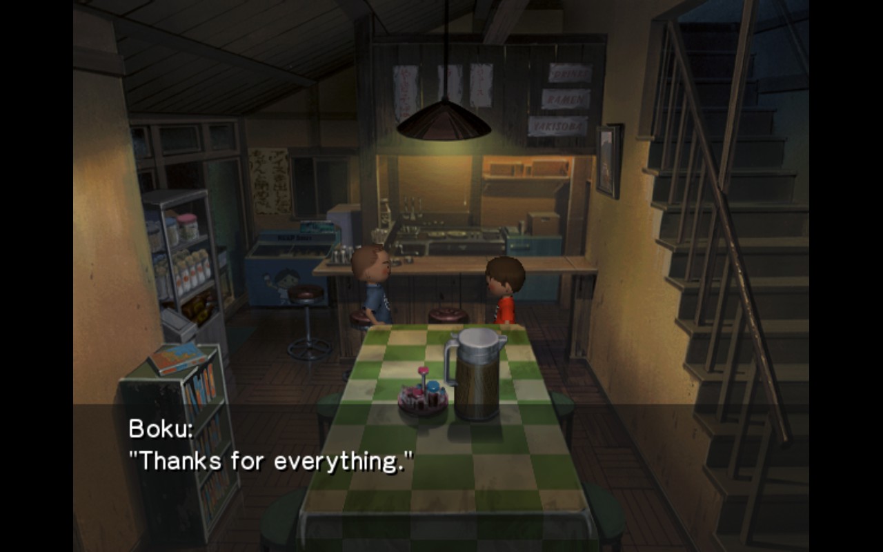 Screenshot of Takeshi and Boku alone in the dining room together in the evening. Boky says, "Thanks for everything."