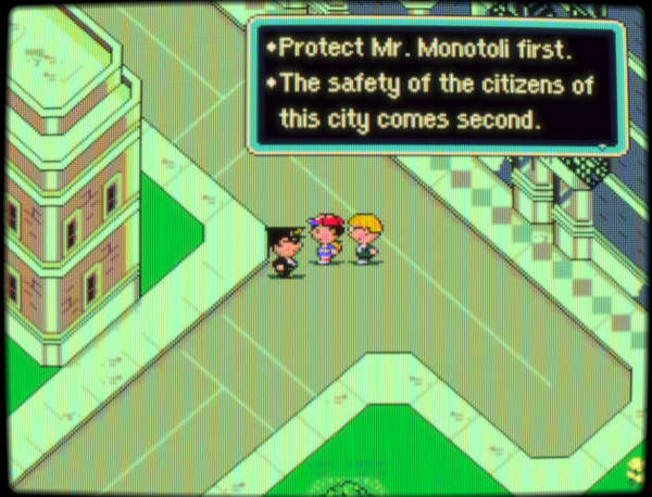 Earthbound screenshot. Police NPC says 'Protect Mr. Monotoli first. The safety of the citizens of this city comes second.'