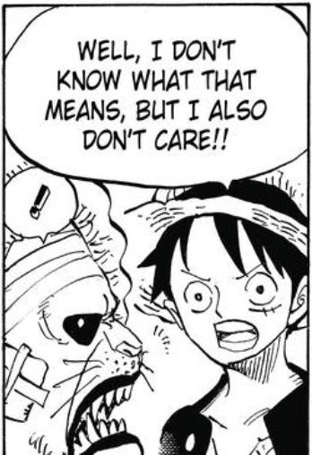 Excerpt panel from One Piece. Luffy is saying to another character 'Well, I don't know what that means, but I also don't care!'. The other character responds with '!'