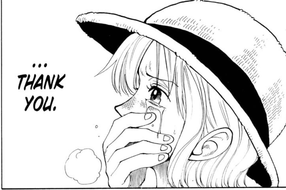 Excerpt panel from One Piece. Nami is crying, wearing Luffy's hat, covering her mouth, and saying, '...Thank you.'