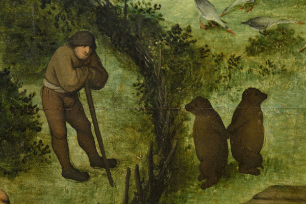 Excerpt from Peter Bruegel the Elder's painting, Netherlandish Proverbs, showing a man smiling and leering at two small bears holding hands.